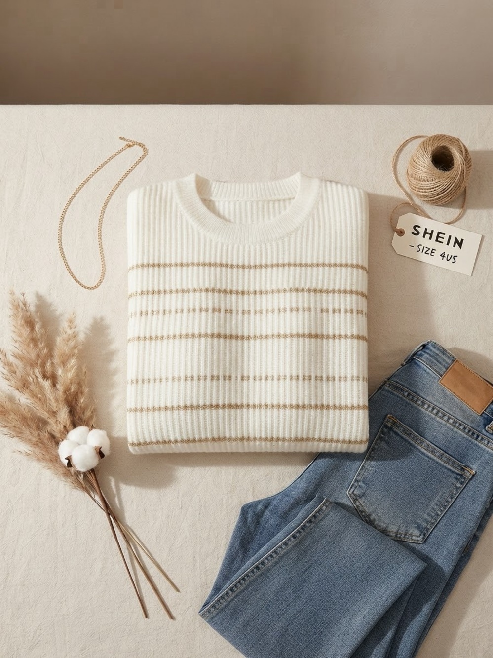 SHEIN Cream & Gold Metallic Striped Sweater